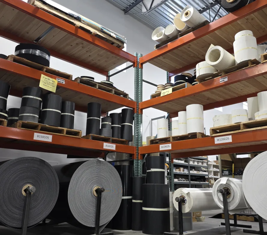Rolls of conveyor belting racked in the Central Chain warehouse